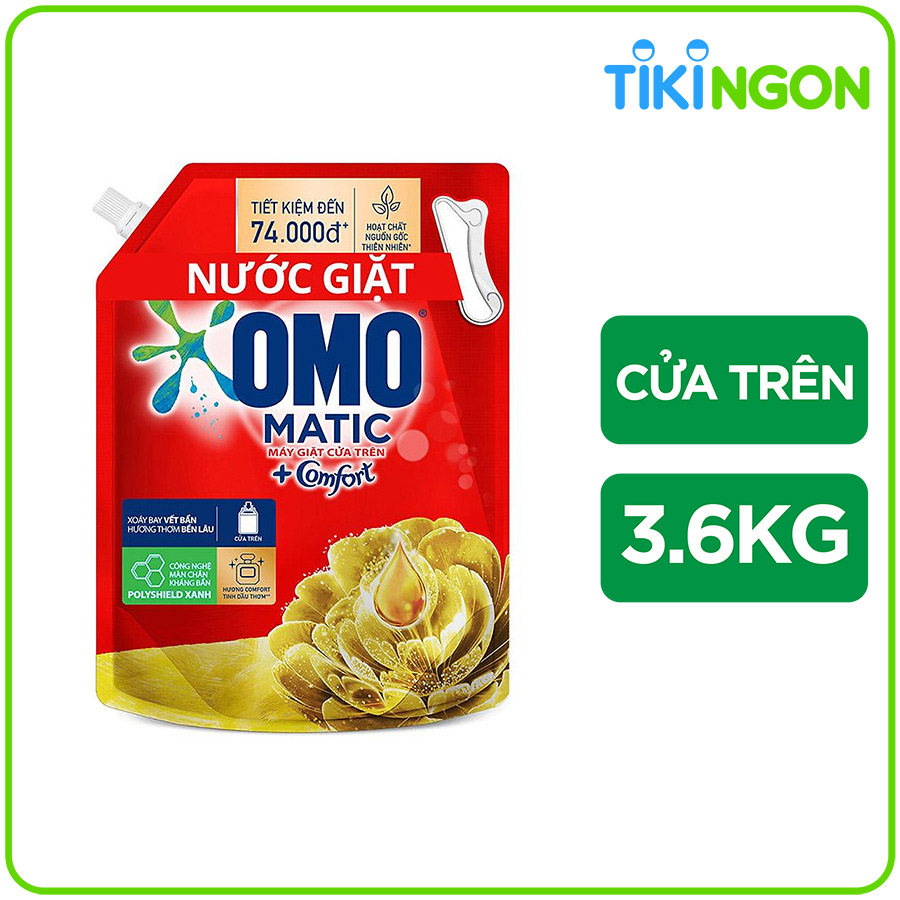 Nước giặt OMO Matic Comfort hương Tinh dầu thơm cho máy giặt cửa trên, xoáy bay vết bẩn, hương thơm bền lâu, túi 3.6kg