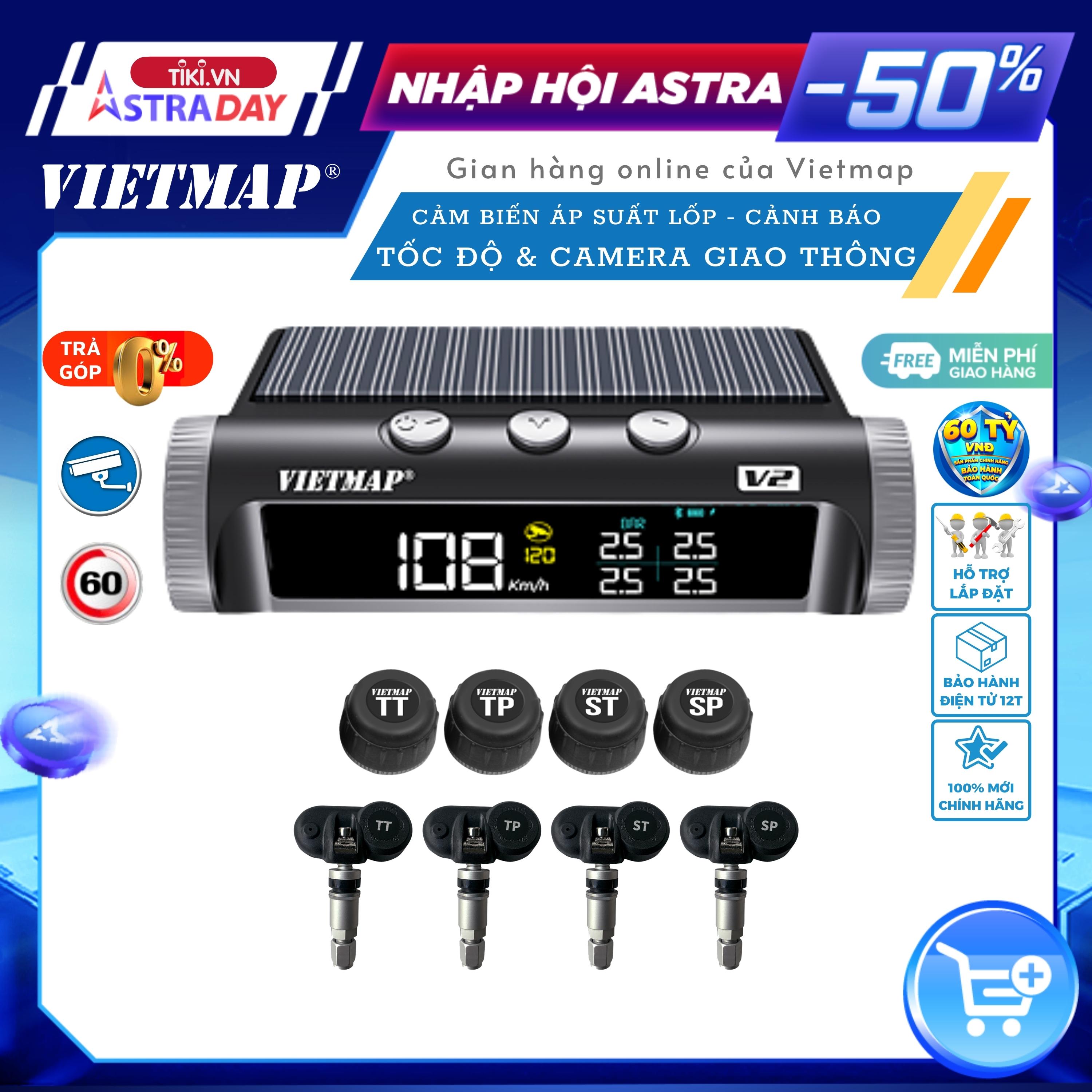 VIETMAP V2 - Cảm biến áp suất lốp tích hợp Cảnh báo tốc độ &amp; Camera Giao thông - Hàng chính hãng