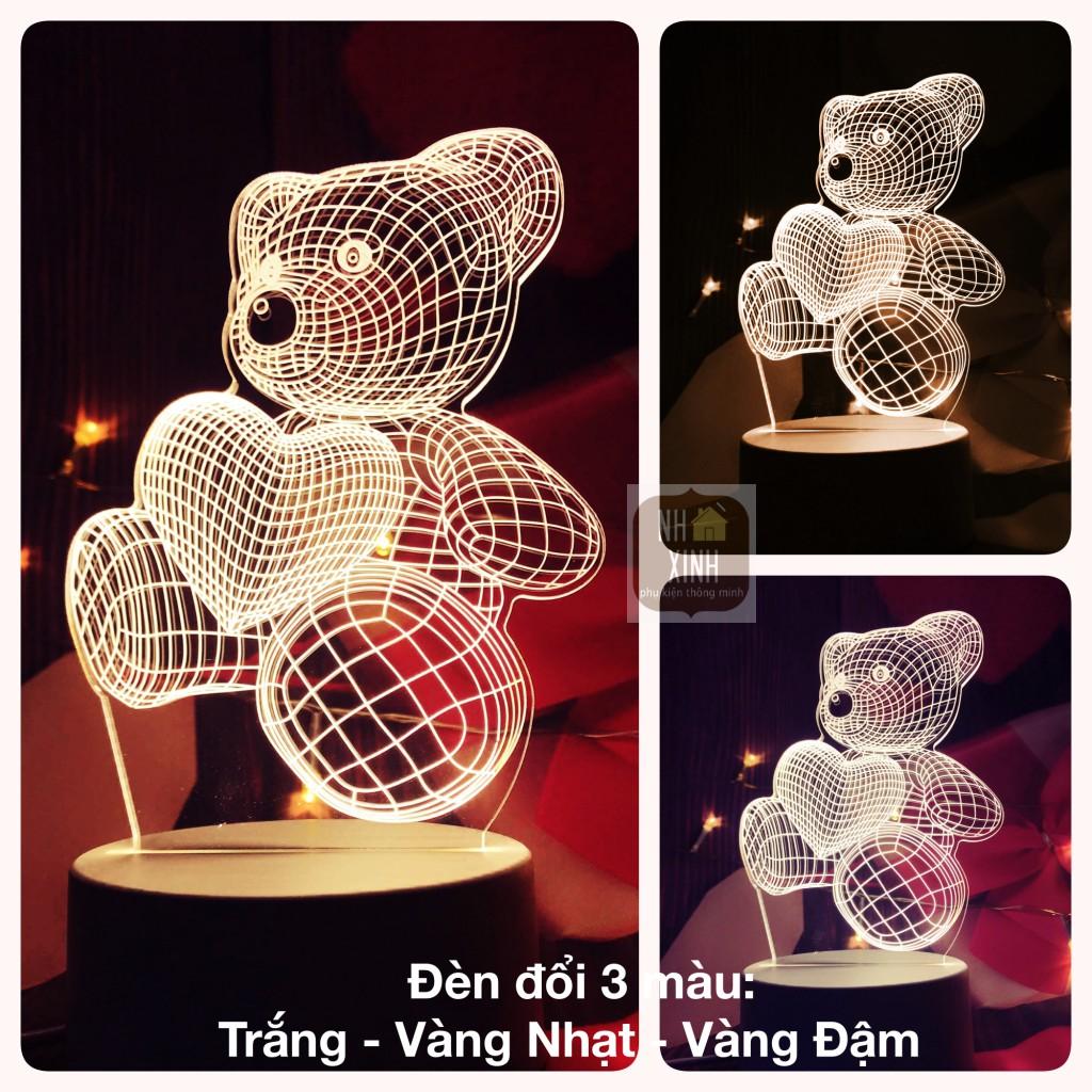 Đèn ngủ 3d GẤU ÔM TIM, đèn trang trí, quà tặng sinh nhật, quà tặng tình yêu