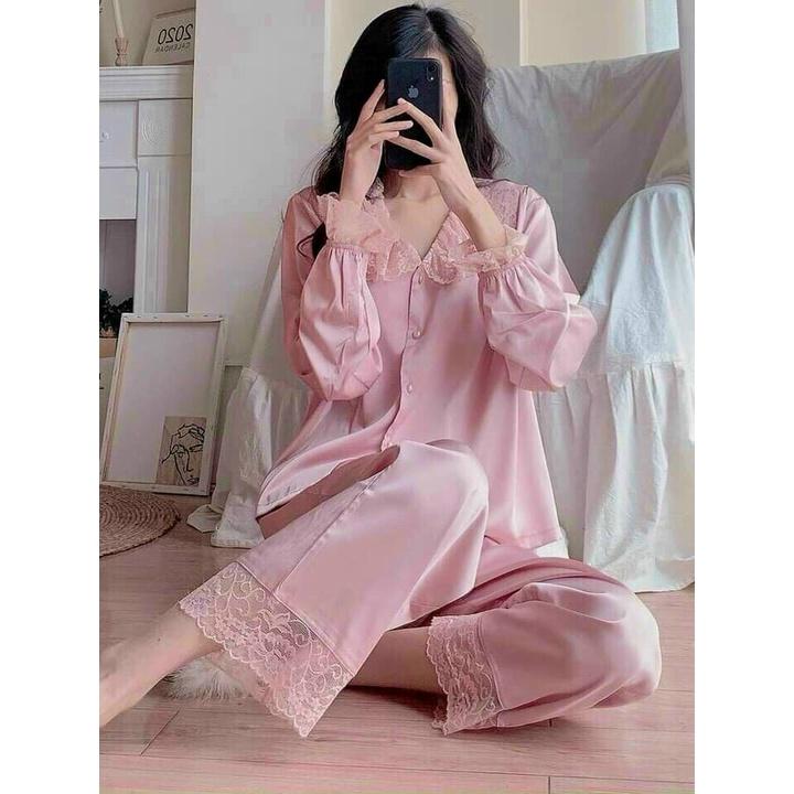 Đồ Bộ Pijama Lụa Cổ Phối Ren Tay Dài Quần Dài Mặc Nhà Hàng Chuẩn Đẹp Sang Trọng Cao Cấp QC635285