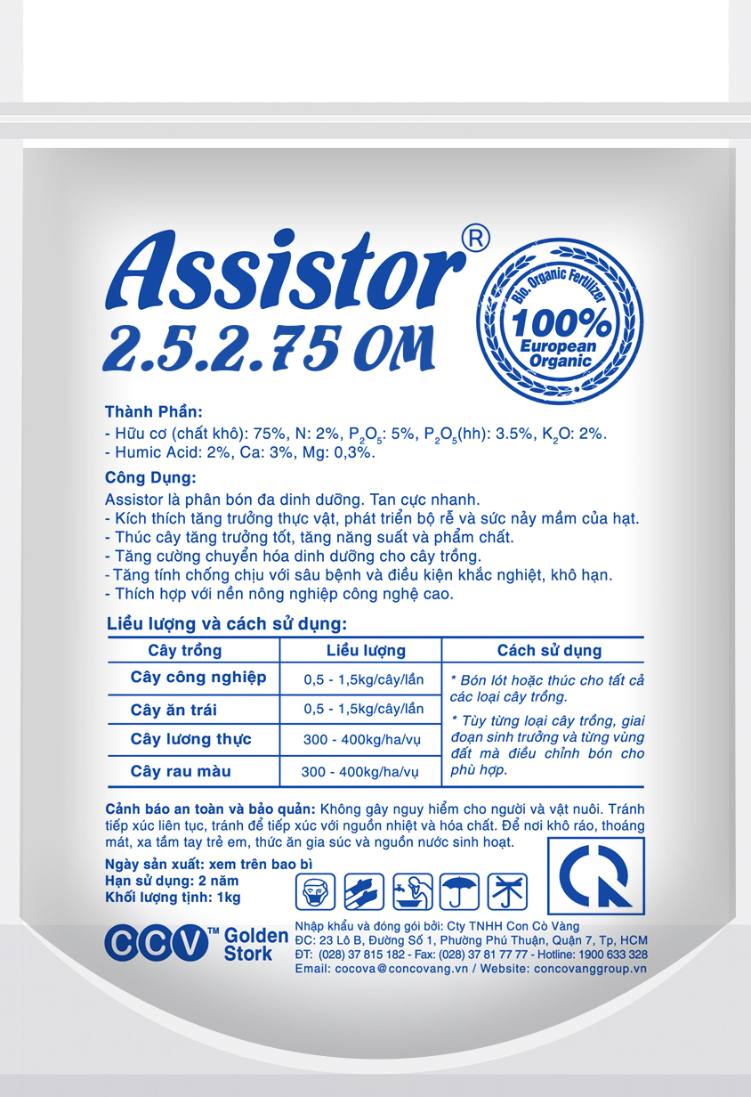 Phân bón Con Cò Vàng nhập khẩu : Hữu cơ Bỉ Assistor 2-5-2-75 OM