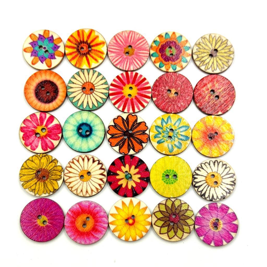 Pack of 100 Mixed Random Flower Patterns Round Wooden Buttons Assorted Colors for DIY Sewing Crafting DIY, 15mm 20mm