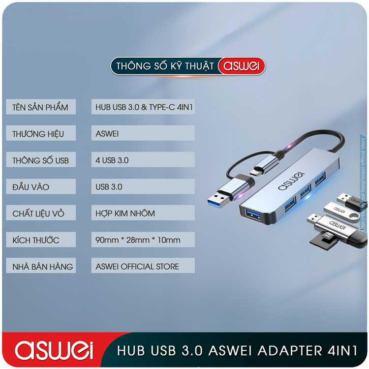 Hub Chuyển Đổi USB Type C ASWEI - 4 in 1, 5 in 1, 6 in 1, 7 in 1, 8 in 1 - HDMI, USB 3.0, PD, SD, TF, RJ45, Audio 3.5mm - Tốc Độ Cao, Hàng Chính Hãng