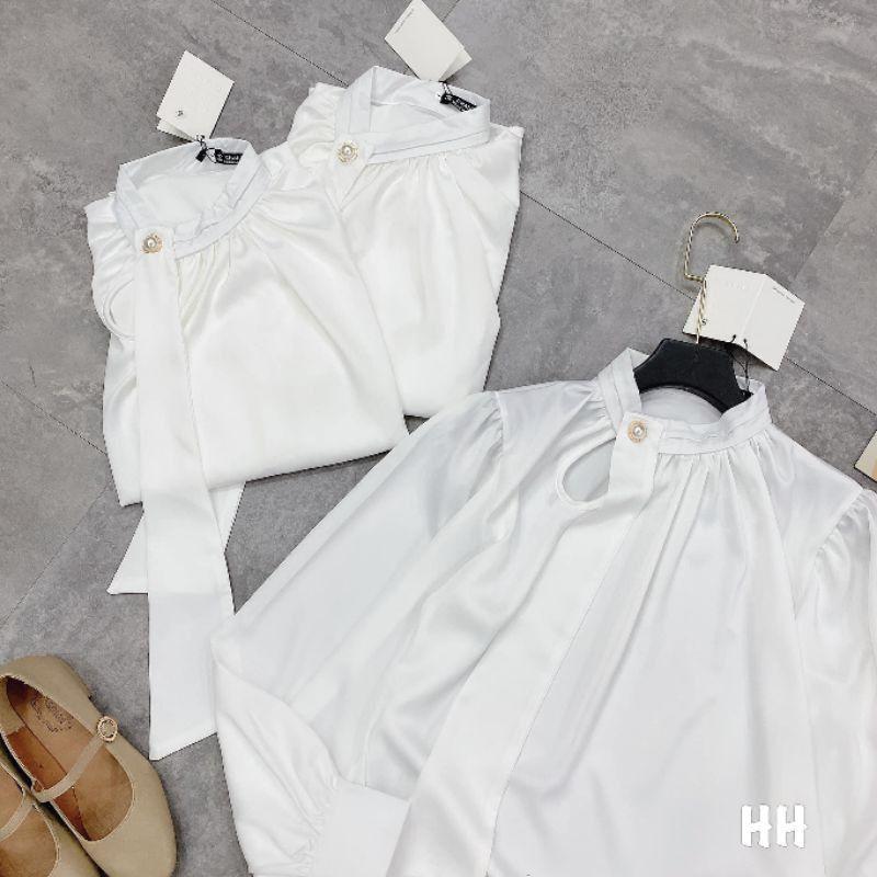 Áo Sơ Mi Nữ Trắng Cổ Đính Ngọc Dây Nơ, Áo Sơmi Trắng Văn Phòng Chất Lụa Dài Tay F007