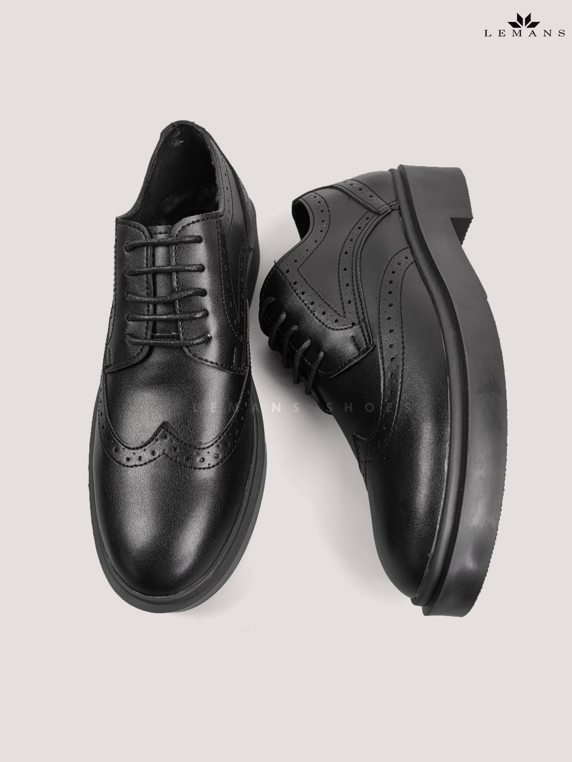 Giày da bò Derby Wingtip LEMANS Black, đế tăng cao lemans 4cm, hoạt tiết cánh bướm, Bảo Hành 12-24 Tháng