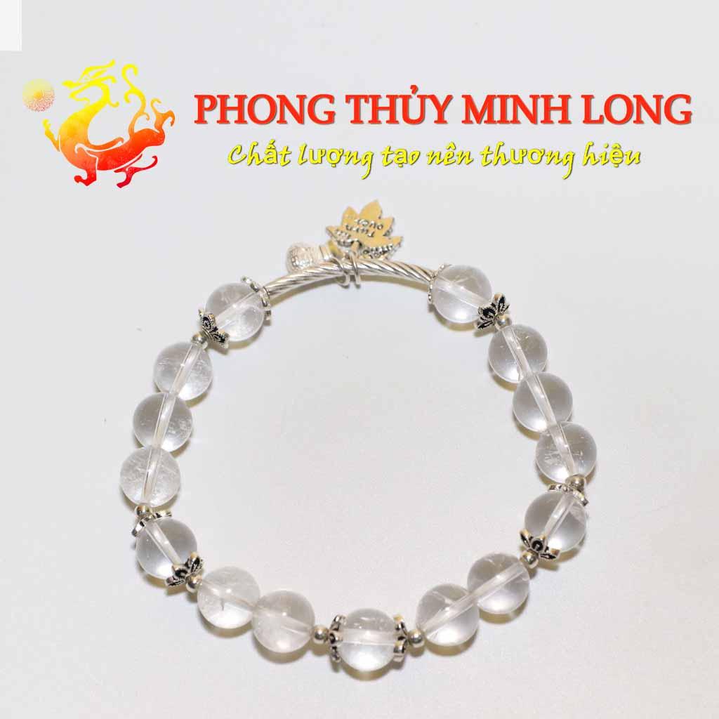 Vòng tay đá Thach Anh Trắng chất lượng 5A mix túi tiền lá bạch dương bạc nhỏ xinh hợp mệnh Thủy và Kim