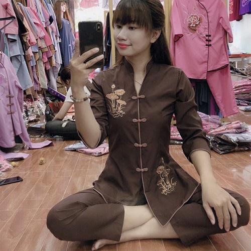 Đồ lam đi chùa nữ - Pháp phục mẫu xẫm thẳng vải kate, bền màu không nhăn xưởng may Liên Cúc