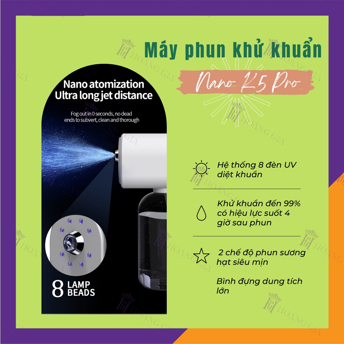 Máy Phun Khử Khuẩn Nano K5 PRO Hoàng Gia Công Suất Lớn Không Dây Cầm Tay - HÀNG CHÍNH HÃNG - Pin siêu bền 2 Chế Độ Phun Với Chùm 8 Đèn Led UV Khử Trùng Sạch Vi Khuẩn - Thiết Kế Nhỏ Gọn - Dạng Sạc Pin Di Động, Dễ Dùng 