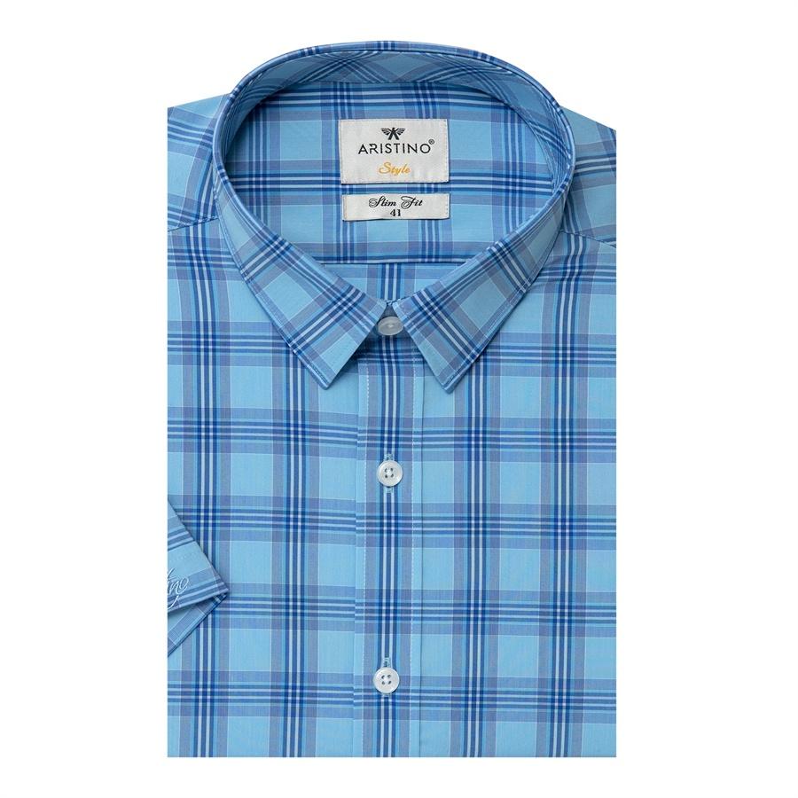 Áo sơ mi nam ngắn tay ARISTINO dáng Slim fit vừa vặn, họa tiết xanh kẻ trắng trẻ trung, thanh lịch - ASS181S2
