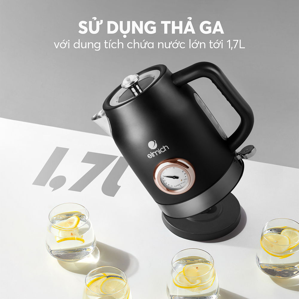 Ấm đun siêu tốc Elmich KEE-1777 (Mầu Đen, Dung Tích 1,7 Lít, Công Suất 2200W, Có đồng hồ báo nhiệt độ nước) - Hàng Chính Hãng