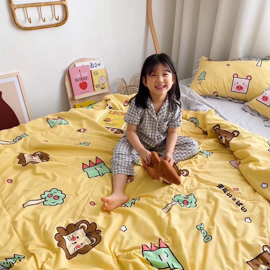Bộ chăn đũi hè vỏ ga và 2 vỏ gối M2T bedding chăn lót bông thiết kế phối bèo họa tiết sư tử nhỏ