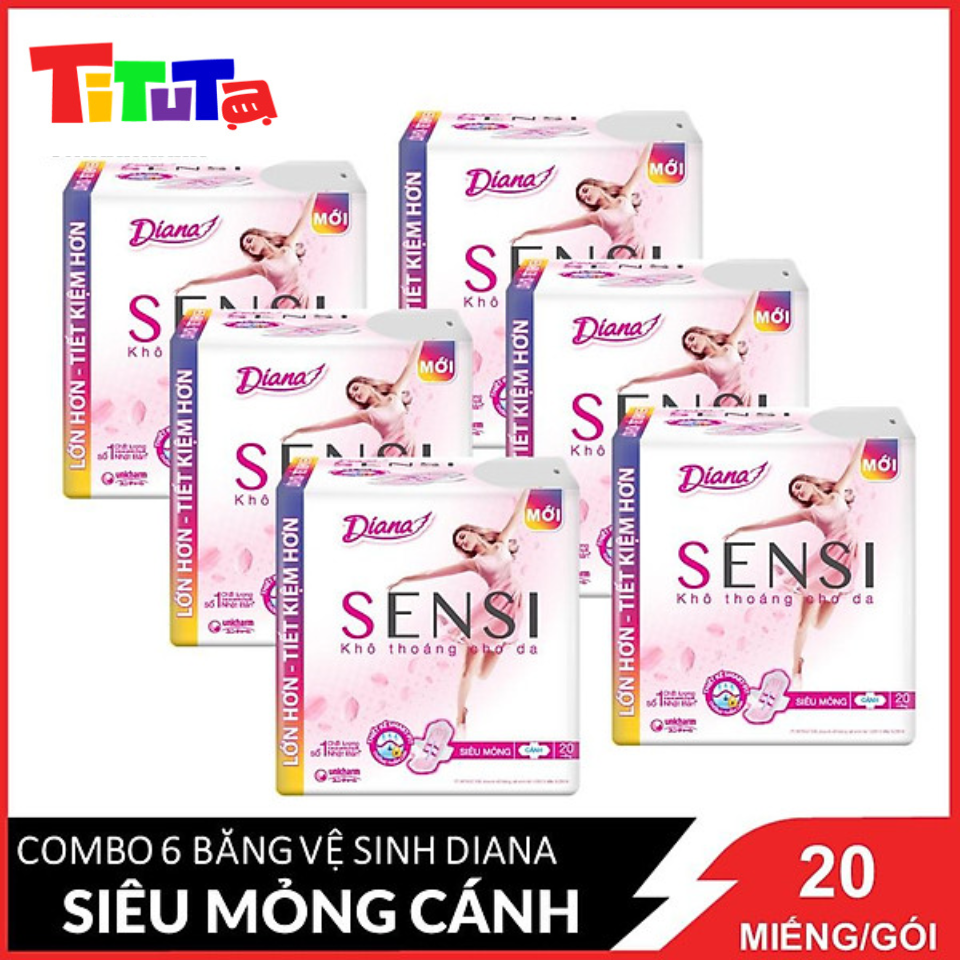 COMBO 6 gói băng vệ sinh Diana Sensi Siêu mỏng cánh 20 miếng/gói X6