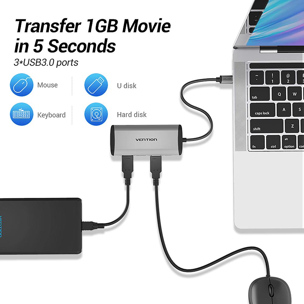 Cáp chuyển Type-C to USB3.0 * 3 RJ45 PD HUB Dock USB-C 0.15M