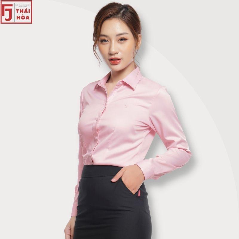 Áo sơ mi nữ Thái Hòa đẹp công sở bigsize cao cấp sợi tre màu hồng 8919-02-01