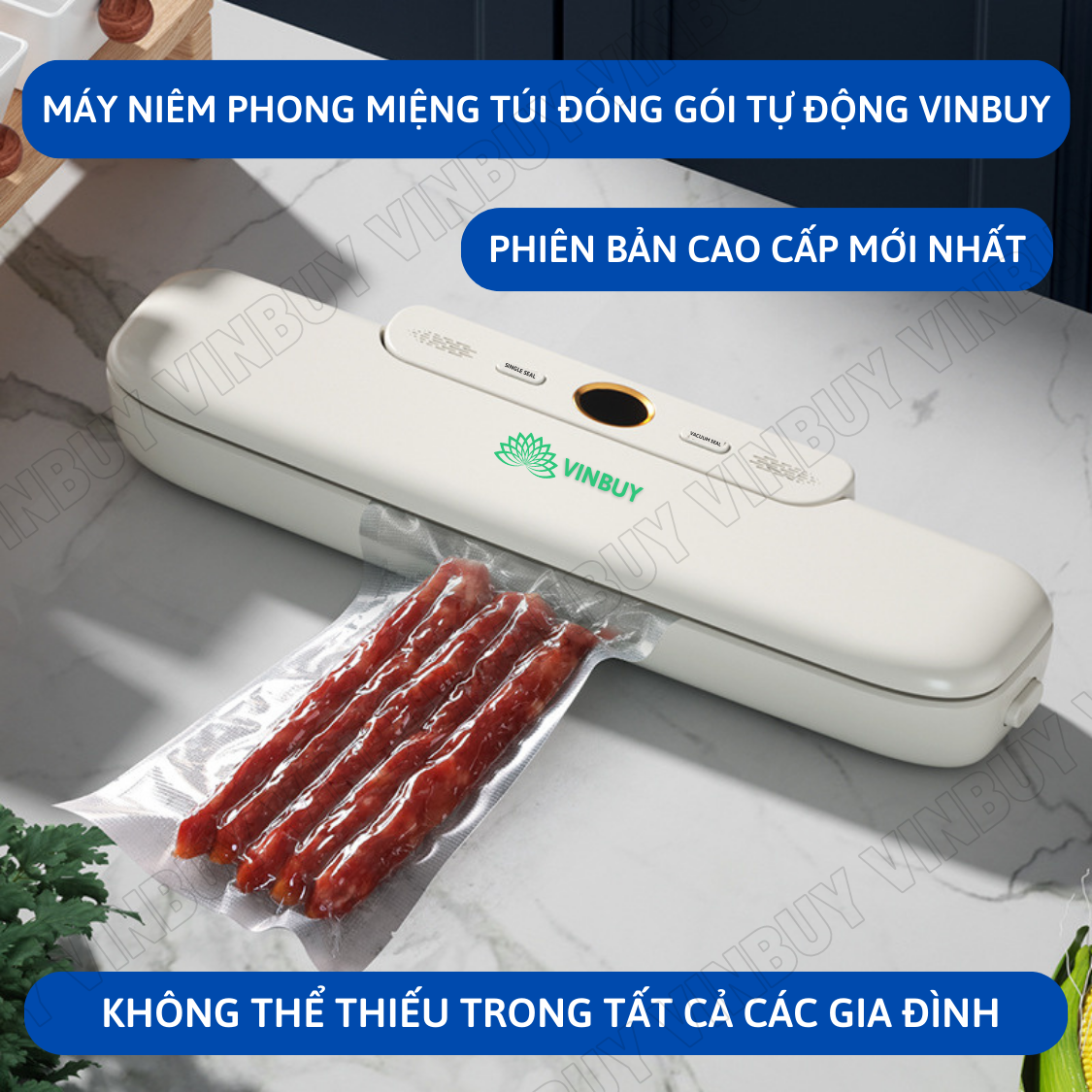 Máy hút chân không, hàn miệng túi thực phẩm gia đình, hút khô ướt mềm, tặng kèm 10 túi hút chân không - Hàng chính hãng Vinbuy