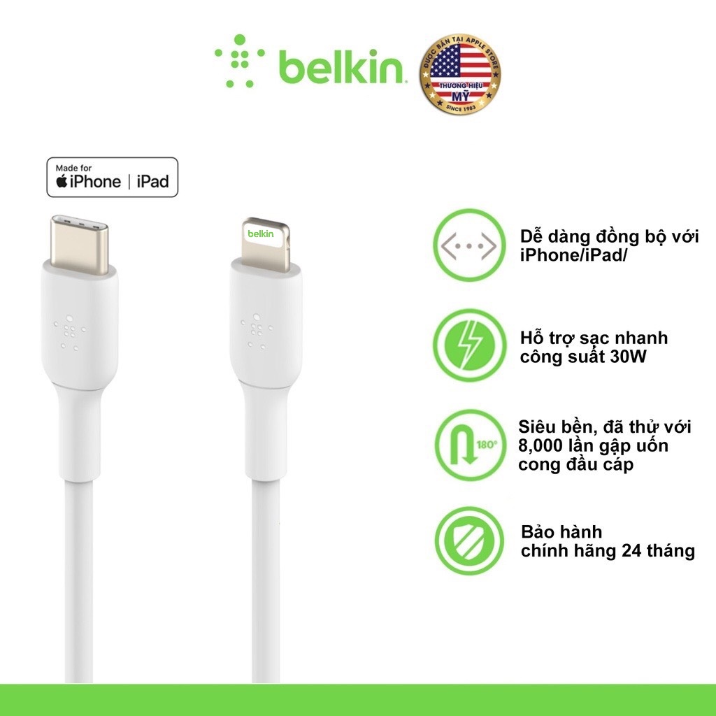 Cáp Sạc Nhanh Belkin USB Type C to Light ning BOOST↑CHARGE 30W Vỏ Nhựa, Chứng Chỉ MFi, Siêu Bền