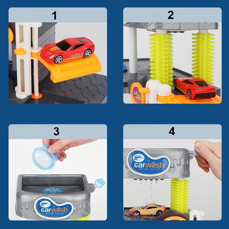 Ô tô đồ chơi mô hình trạm rửa xe kèm 3 xe mini kim loại đổi màu khi gặp nước cho bé trai, quà tặng sinh nhật cho bé