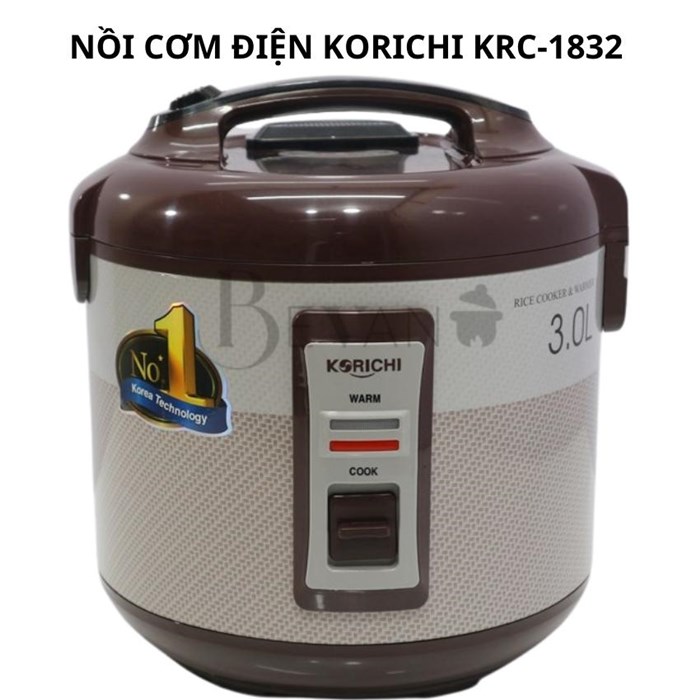 Nồi cơm điện lớn giữ ấm 12 giờ hàng chính hãng Korichi KRC-1832 Bevano, Nồi cơm điện cơ 3L không dính đa năng tiết kiệm năng lượng, thích hợp cho 8-10 người