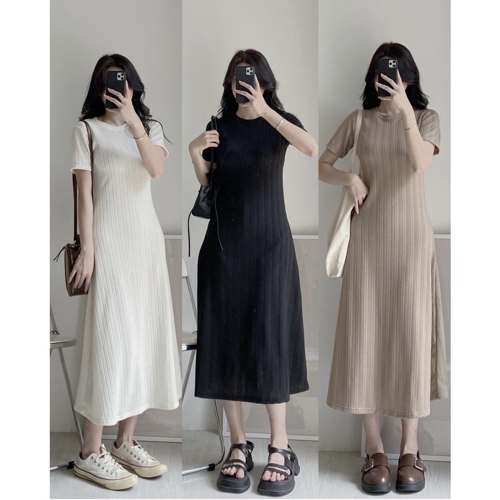 Vây thun len midi hoạ tiết xương cá váy thun basic
