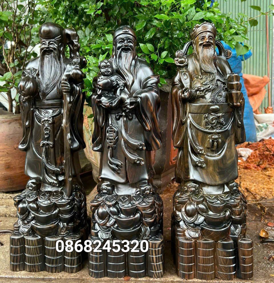 Bộ tượng phật tam đa phúc lộc thọ bằng gỗ mun hoa kt cao 50×15×12cm