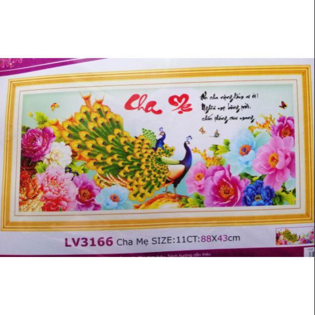 Tranh thêu cha mẹ công xanh hoa mẫu đơn LV3166 - kích thước: 88 * 43cm.