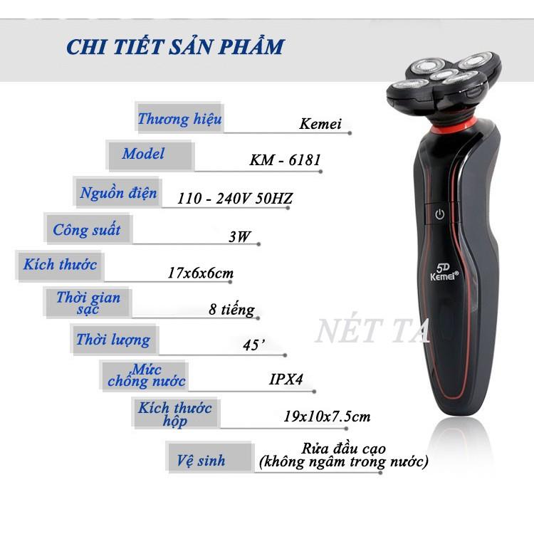 Máy cạo râu Kemei KM-6181 chống thấm nước IPX4 lưỡi nổi 5D có thể cạo khô và ướt cạo sát có màn hình LRD hiển thị thông minh, đầu tỉa phụ dùng cạo tải tóc mai, ria mép tiện lợi