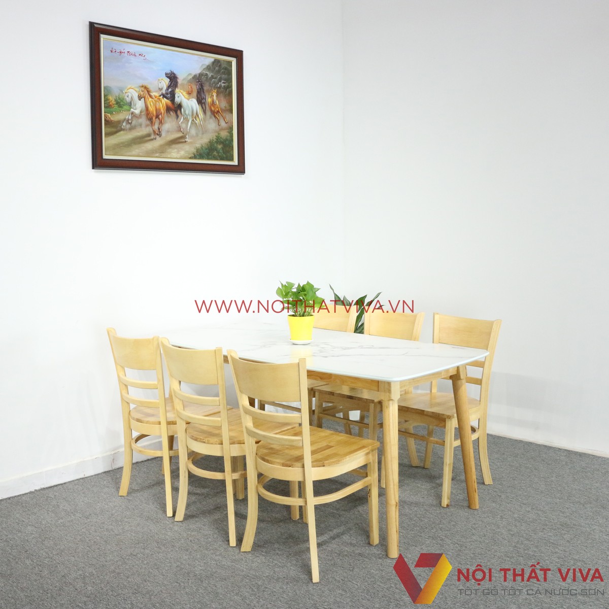 Bộ Bàn Ăn 6 Ghế Phẳng Vân Đá Trắng Đẹp Giá Rẻ