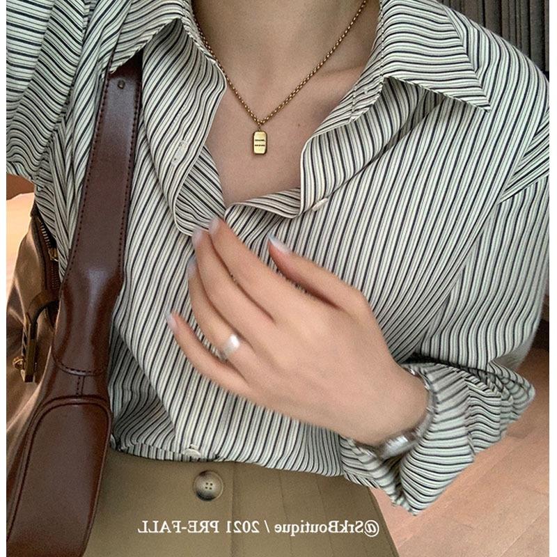 Áo sơ mi nữ form rộng dài tay kẻ sọc kiểu công sở vintage phong cách Hàn Quốc