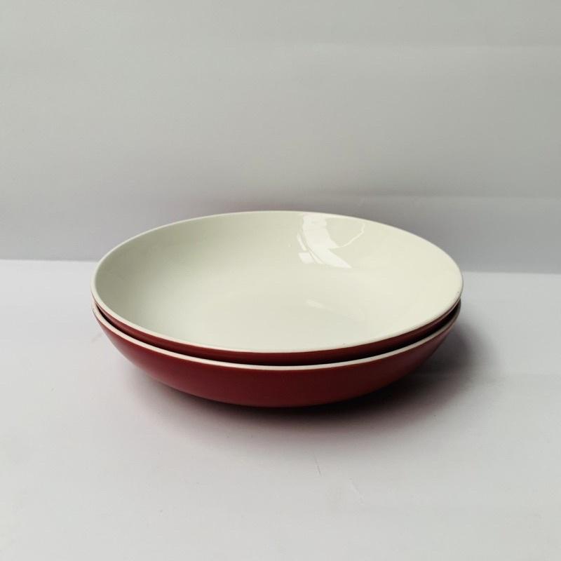 Bộ 2 dĩa sứ trắng sâu lòng - 20cm - màu đỏ pastel- men sứ trắng caocấp