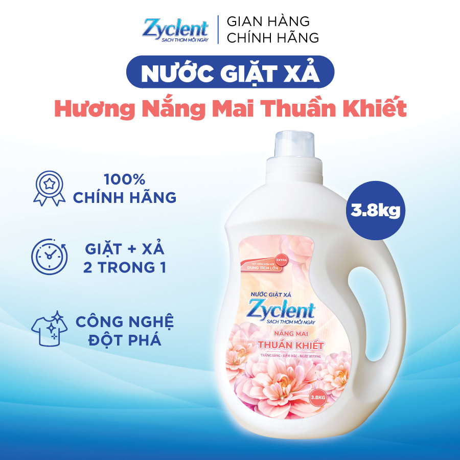 Nước Giặt Xả Zyclent Extra Hương Nắng Mai Thuần Khiết 3.8kg