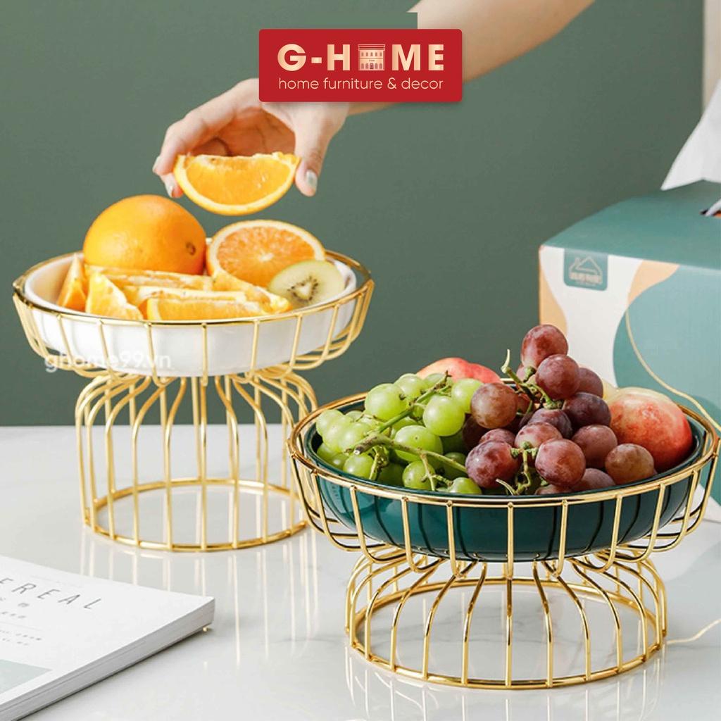 Đĩa sứ 1 tầng khung đồng Ghome 2022, đĩa sứ tròn cao cấp trạng trọng bày hoa quả, bánh kẹo ngày tết DIA2022 TRON1