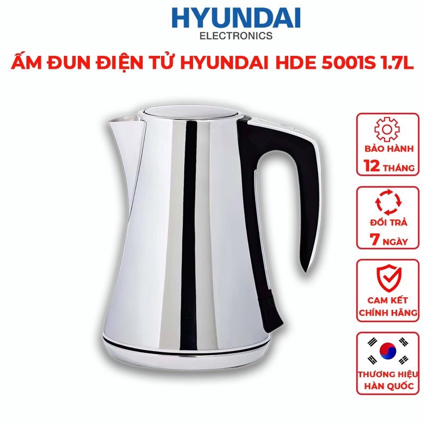 Ấm Đun Siêu Tốc Điện Tử Hyundai HDE 5001S Dung Tích 1.7L Đế Xoay Lưới Lọc Cặn Tháo Rời - Hàng chính hãng Hyundai