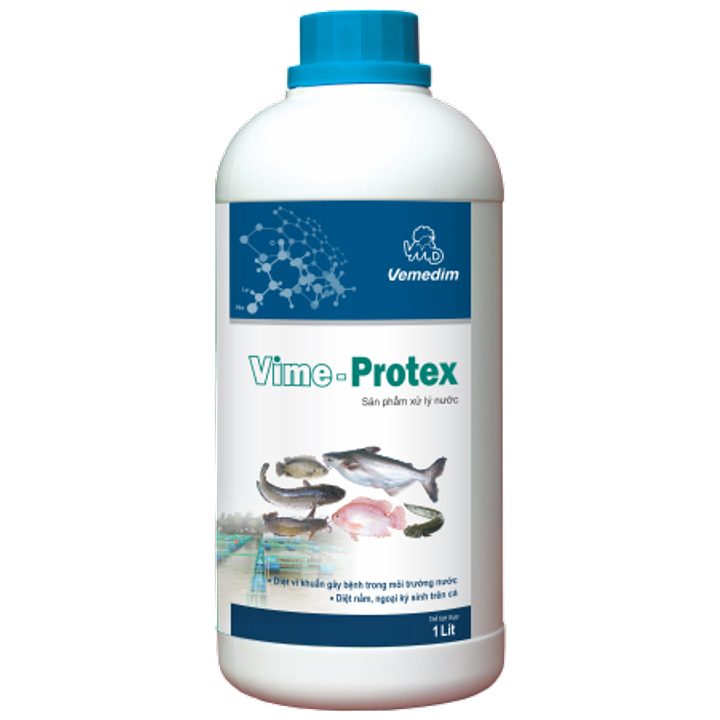 Vemedim VIME-PROTEX (cá) - Sản phẩm xử lý nước, diệt khuẩn ao nuôi cá. Diệt các loại vi khuẩn, nấm, nguyên sinh động vật trong nước ao nuôi. Sát trùng dụng cụ dùng trong nuôi trồng thuỷ sản.
