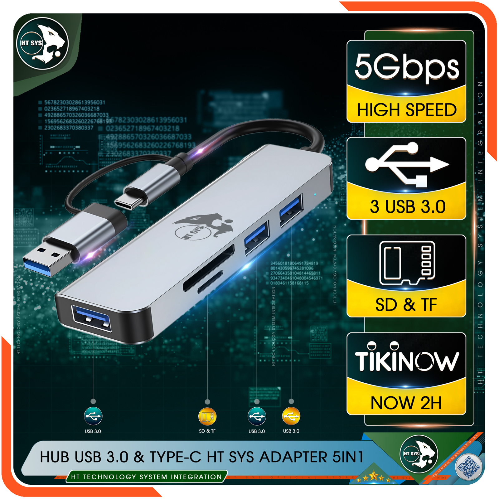 Hub Type C Và Hub USB HT SYS 5 in 1 To USB 3.0, SD, TF - Hàng Chính Hãng