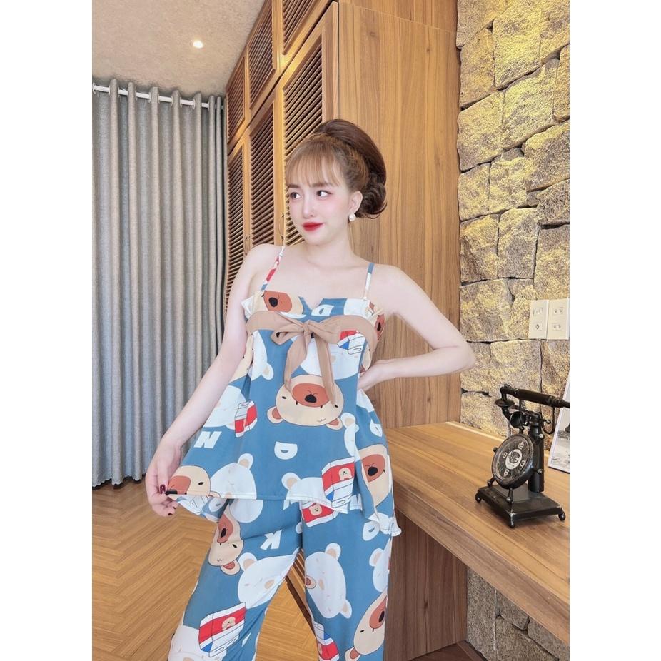 ĐỒ BỘ QUẦN DÀI Sét đồ ngủ hai dây áo nơ lụa satin quần dài lua cao cấp freesize 58kg