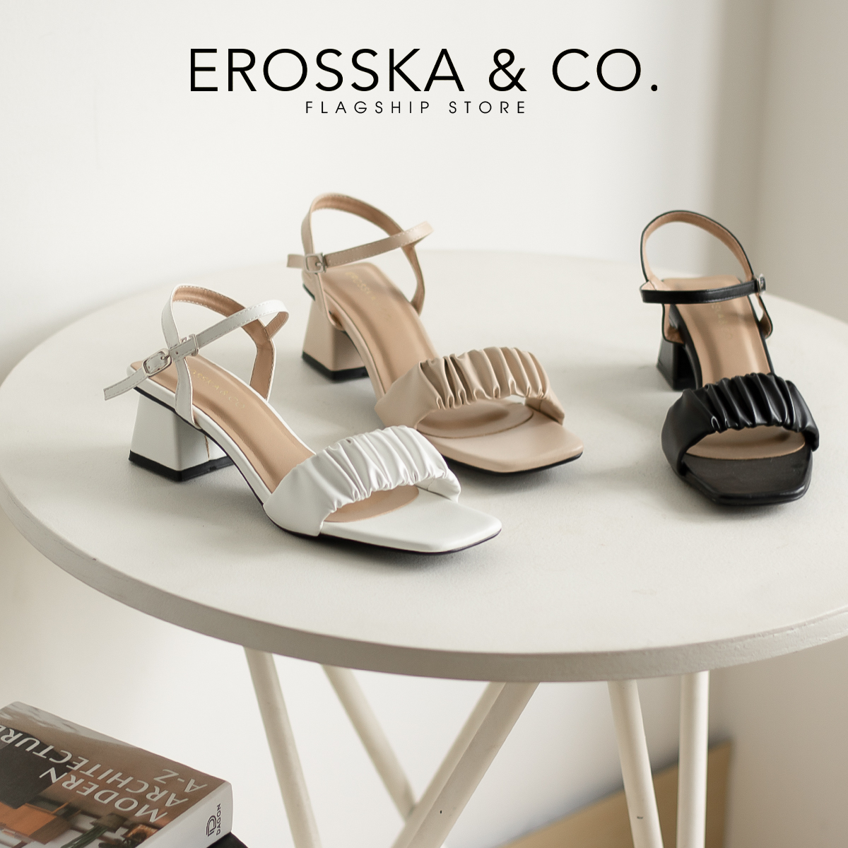 Erosska - Giày sandal cao gót nữ mũi vuông quai nhún cao 4cm - EB051