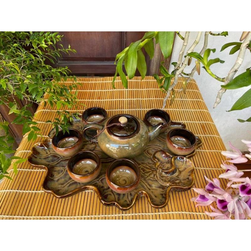 BỘ ẤM CHÉN PHA TRÀ SỨ CỔ XƯA KÈM KHAY SEN CAO CẤP