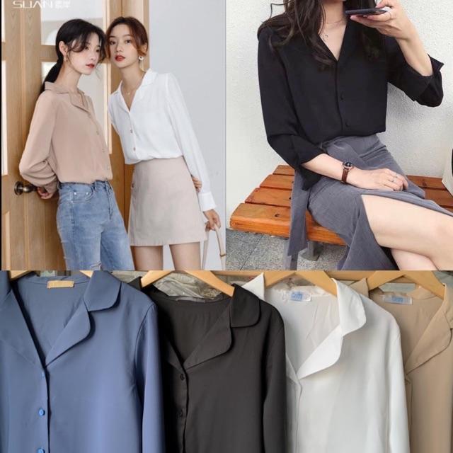 Áo sơ mi nữ công sở cổ v dài tay nhiều màu - Áo kiểu lệch tà gam màu basic