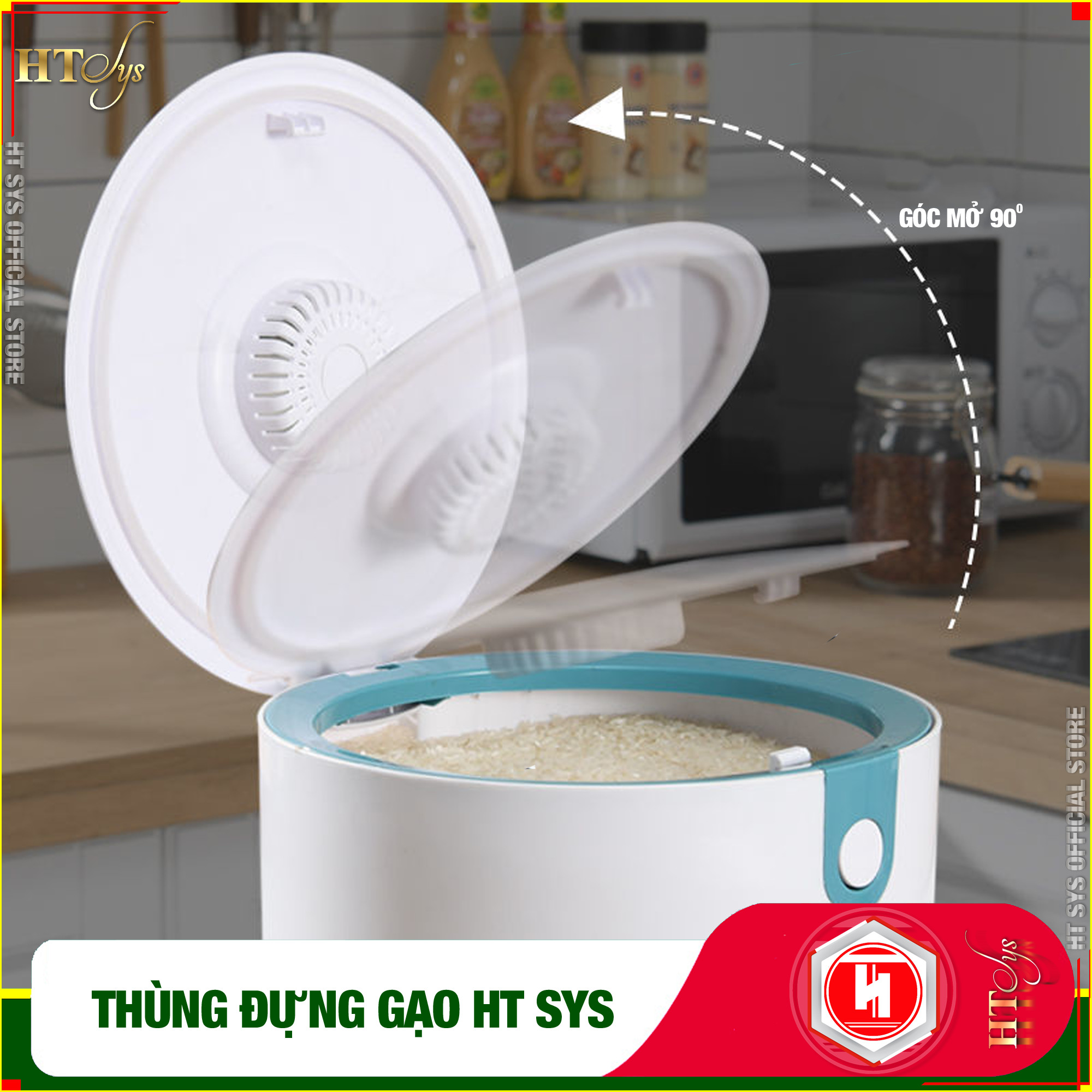 Thùng đựng gạo thông minh HT SYS - Thiết kế dạng nhấn nút - Chống kiến - Chống ẩm - Chống mọt - Chất liệu ABS cao cấp + Sét móc vàng tài lộc - Hàng Nhập Khẩu