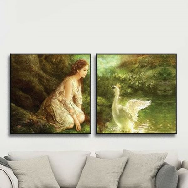 Bộ 2 Tranh Canvas Không Viền Treo Tường "Cô Gái Và Thiên Nga" W501