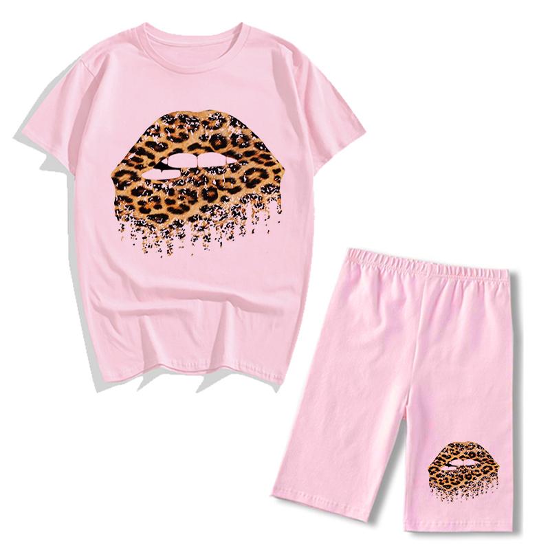 Mùa Hè Lepard Môi In Hình Biker Quần Short 2 Bộ Áo Thun Chui Đầu Nữ Áo Thun Nữ Quần Jogger Short Bộ Nữ Ngắn Phù Hợp Với Áo Trang Phục