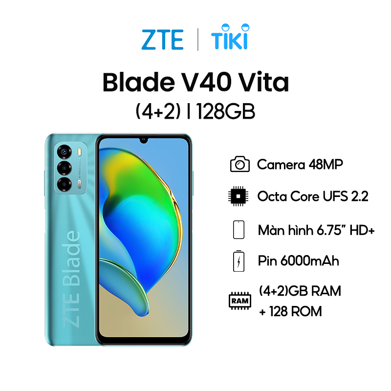 Điện thoại ZTE Blade V40 Vita (ZTE 8045) - MH giọt nước HD+ 6.75&quot; - Pin 6000 mAh sạc nhanh 22.5W -  Bộ nhớ mở rộng (4+2)GB - Hàng chính hãng