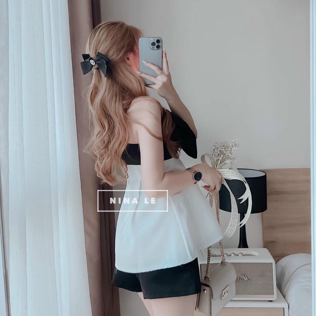 Sét bộ đùi áo 2 dây phối quần ống rộng áo phối nơ bản lớn thích hợp phong cách mùa hè mẫu có 1 màu như hình