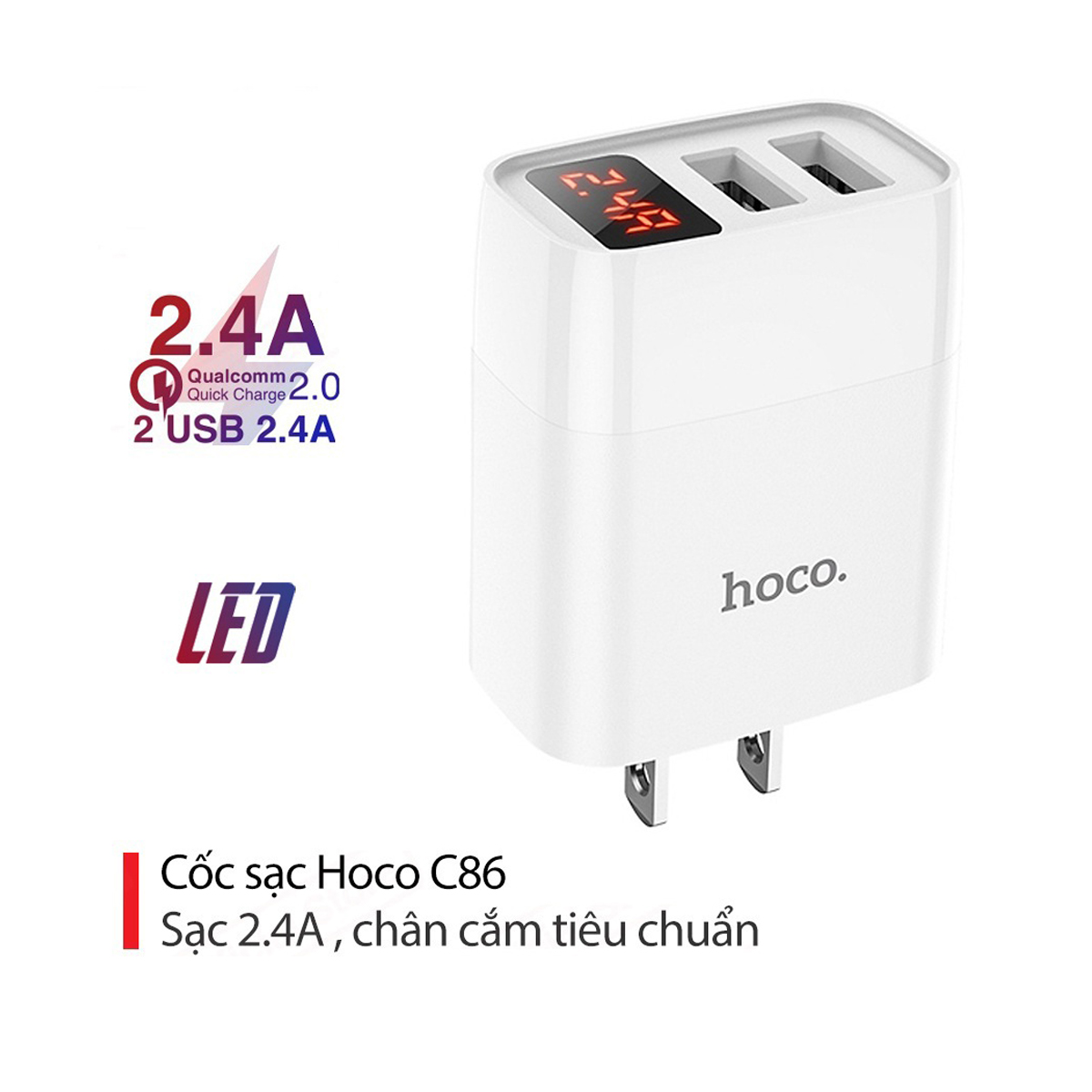 Cốc sạc 2.4A Hoco C86 màn hình Led hiển thị dòng điện chân dẹt 2 cổng USB chất liệu cao cấp - Hàng chính hãng