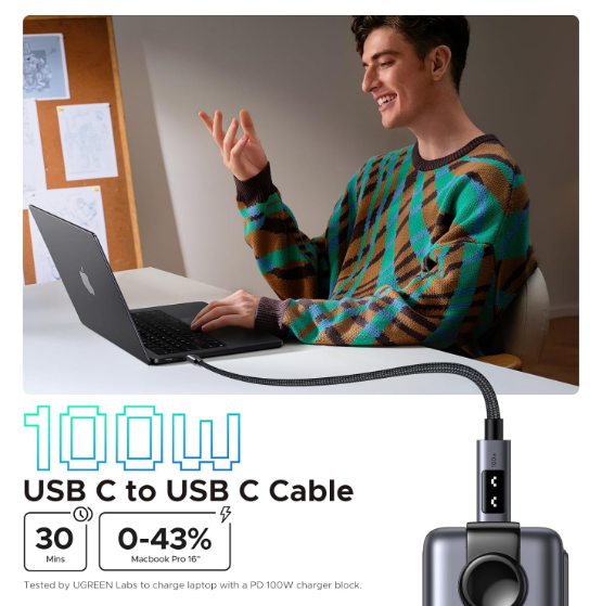 Cáp sạc nhanh USB Type C 100W 5A có đèn led Ugreen 45612 (Dài 0.5m) - Hàng chính hãng