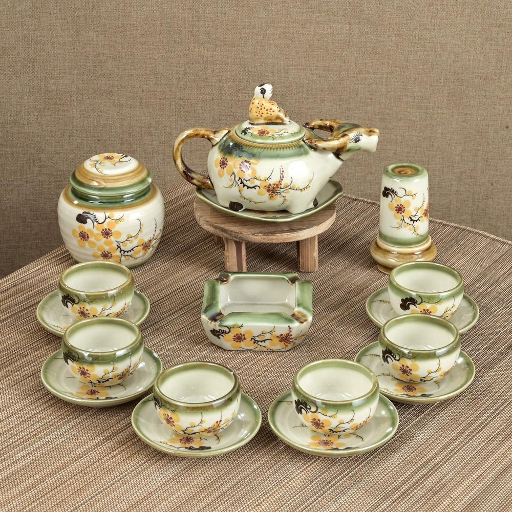 Bộ ấm chén Men hỏa biến trâu + vẽ hoa mai - Gốm sứ Bát Tràng - Làng Gốm