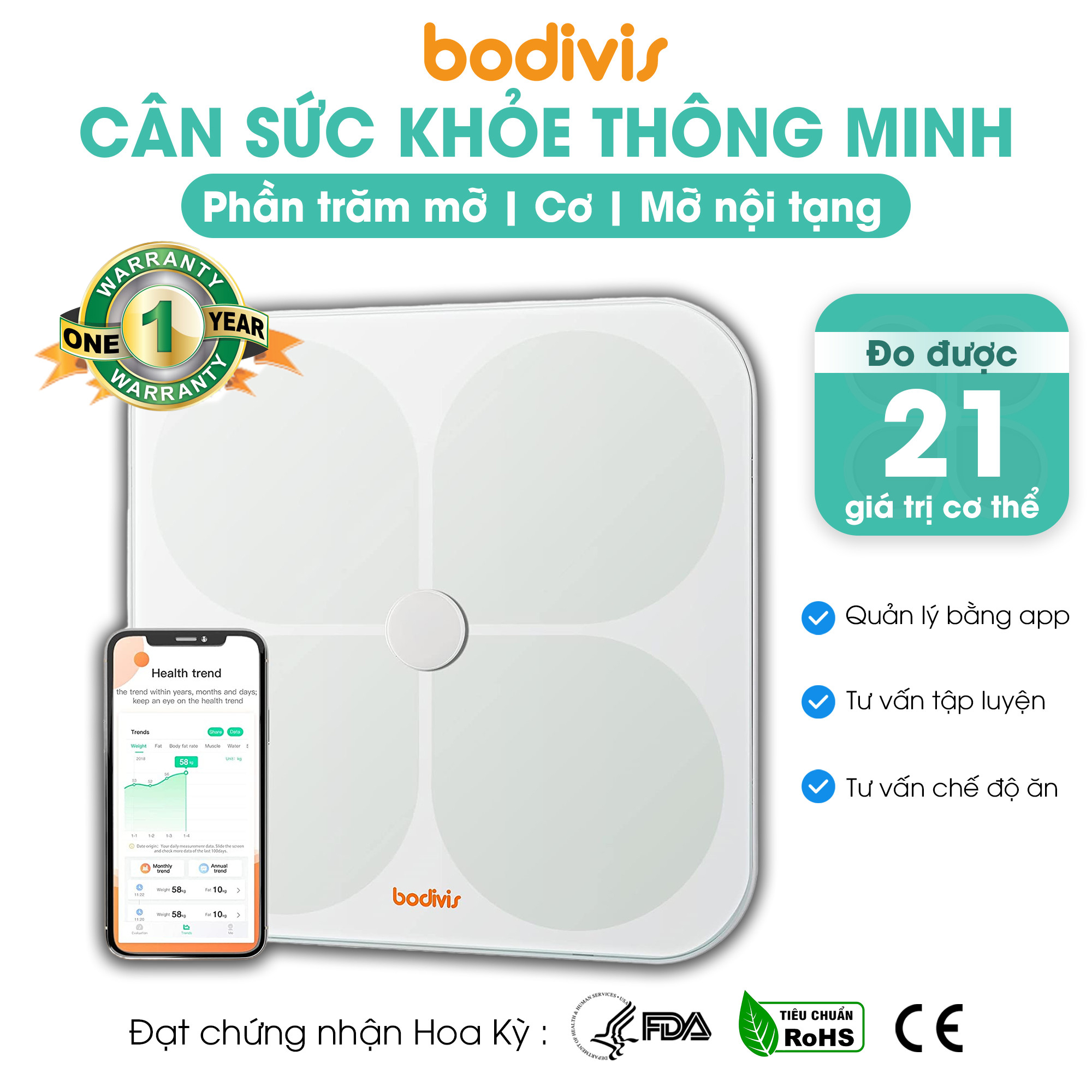 Cân sức khỏe điện tử thông minh thế hệ mới Bodivis H1 chính hãng, đo mỡ, lượng nước lượng cơ chuẩn FDA