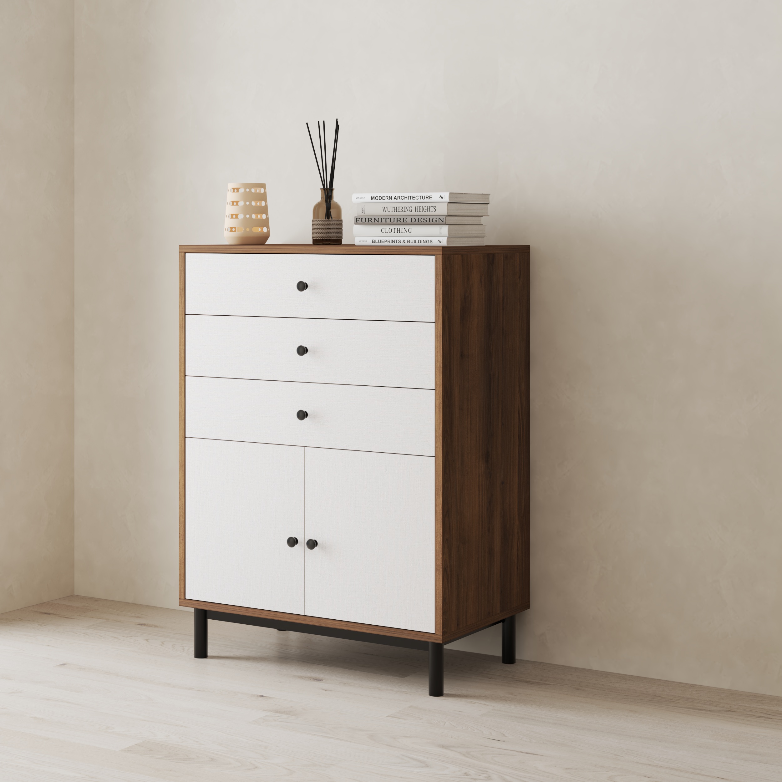 HAPPY FURNITURE , Tủ lưu trữ 3 ngăn kéo 2 cánh mở- LIVIK, TLT_055 , 70cm x 40cm x 95cm DxRxC