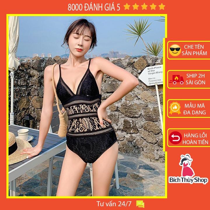 Bộ bơi đi biển liền thân tôn dáng bikini một mảnh màu đen phối ren siêu hot