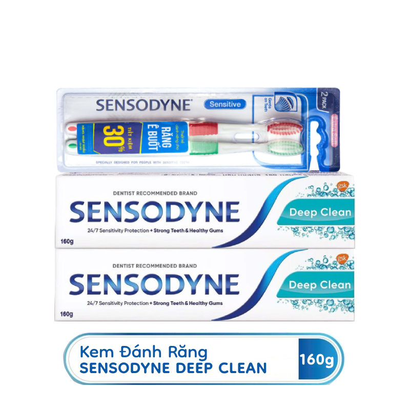 Bộ 2 Kem Đánh Răng Sensodyne Deep Clean 160g/tuýp + Vỉ 2 Bàn Chải Sensodyne Ultra Sensitive Extra Soft